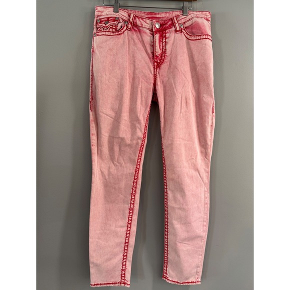 True Religion World Tour Section Skinny Jeans Mens Size 34 Pink Red Stitch - Picture 1 of 12